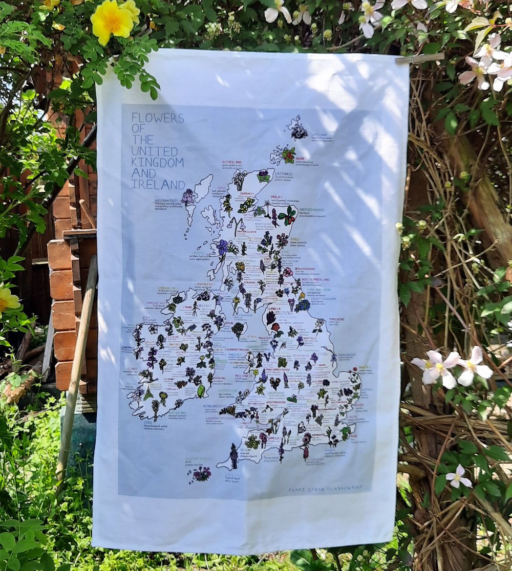 Image of UK and Ireland flower map tea towel