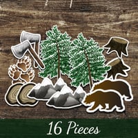 Image 1 of Sketched Woodland Trees, Axes, Mountain, and Bear Stickers (16 Pack)