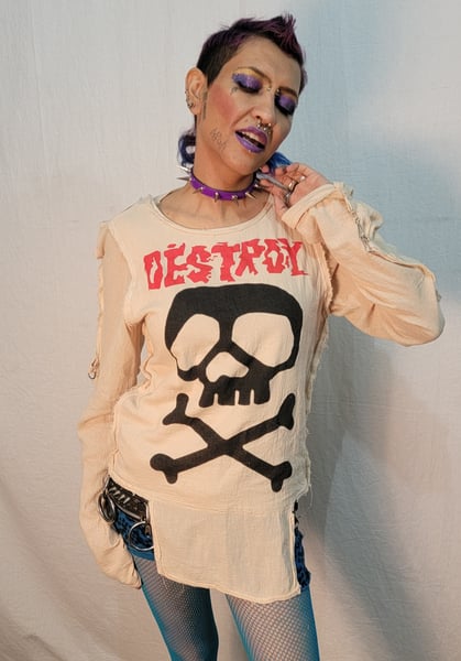 Image of Destroy skull and cross bones natural white bondage shirt