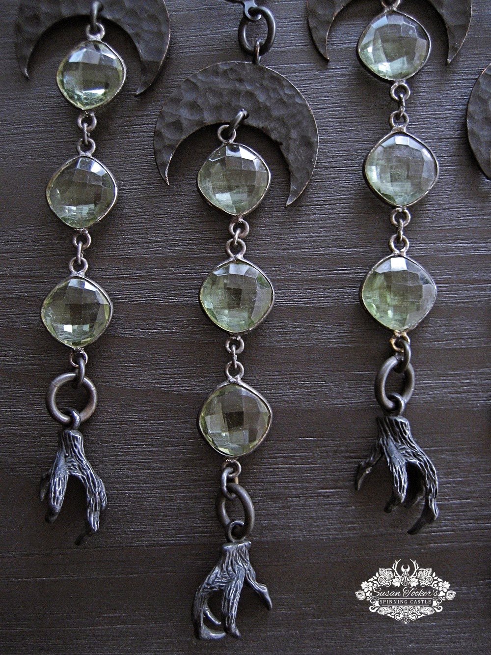 Image of SWAMP WITCH - Cresent Moon Dragon Claw Green Amethyst Earrings Boho Witchy Drop Dangles