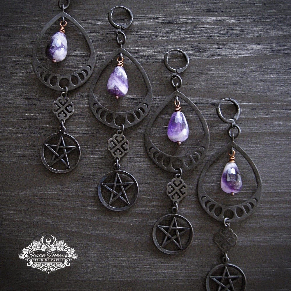 Image of SPELLBOUND - Moon Phase Pentagram Amethyst Drop Earrings Boho Witchy Dangles