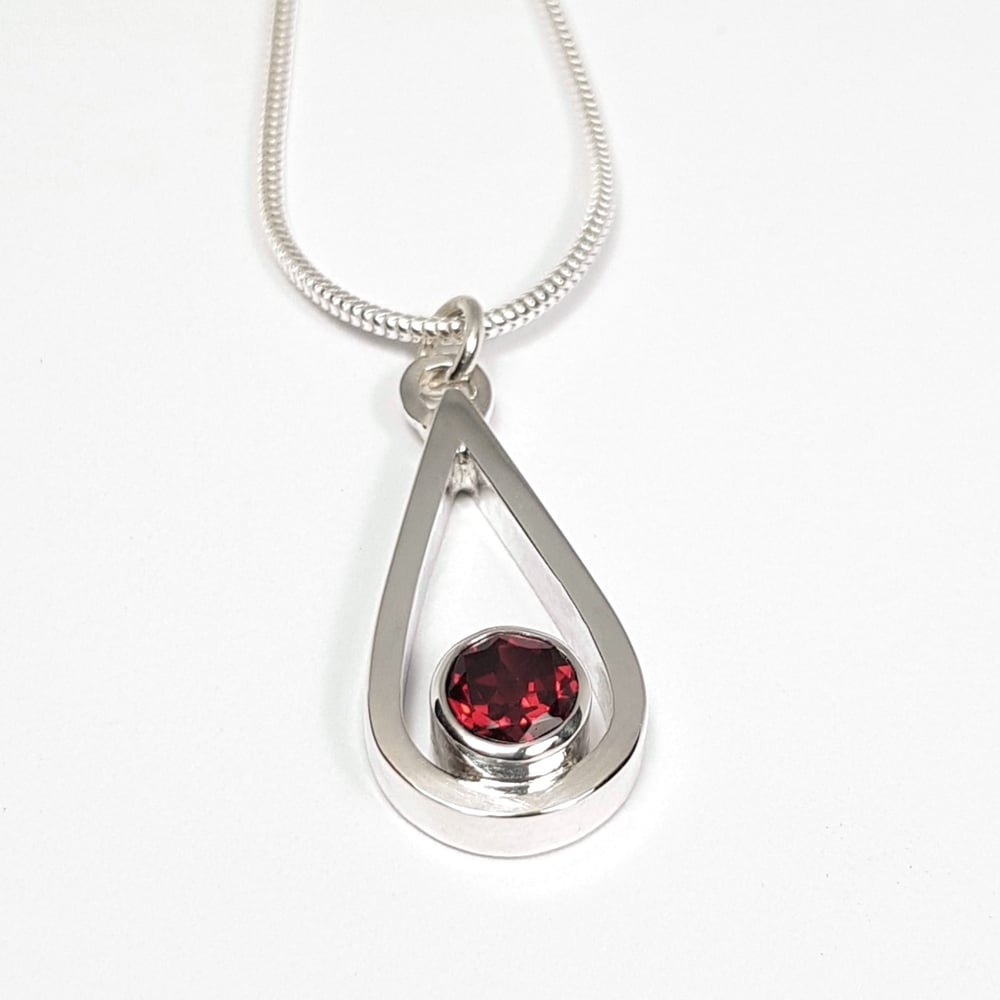 Image of Silver Garnet Necklace, Handmade Sterling Silver Teardrop Pendant with Garnet Gemstone