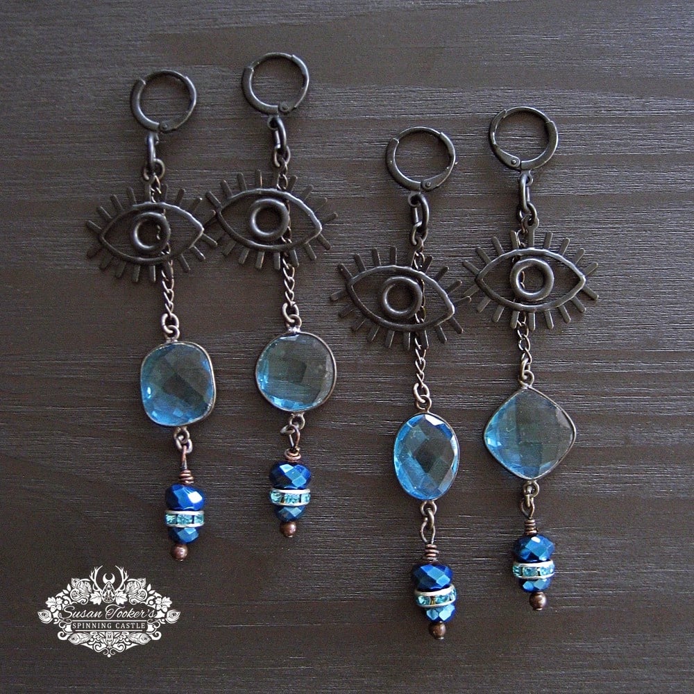 Image of SPELLCASTER - Evil Eye Blue Toapz Crystal Drop Earrings Boho Witchy Dangles