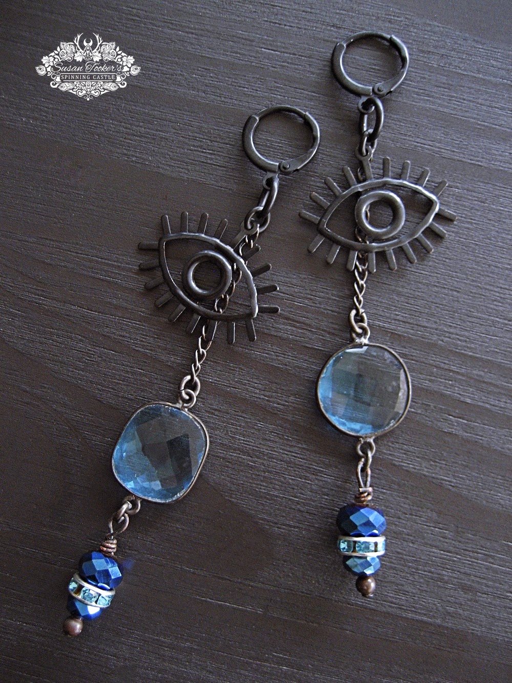 Image of SPELLCASTER - Evil Eye Blue Toapz Crystal Drop Earrings Boho Witchy Dangles
