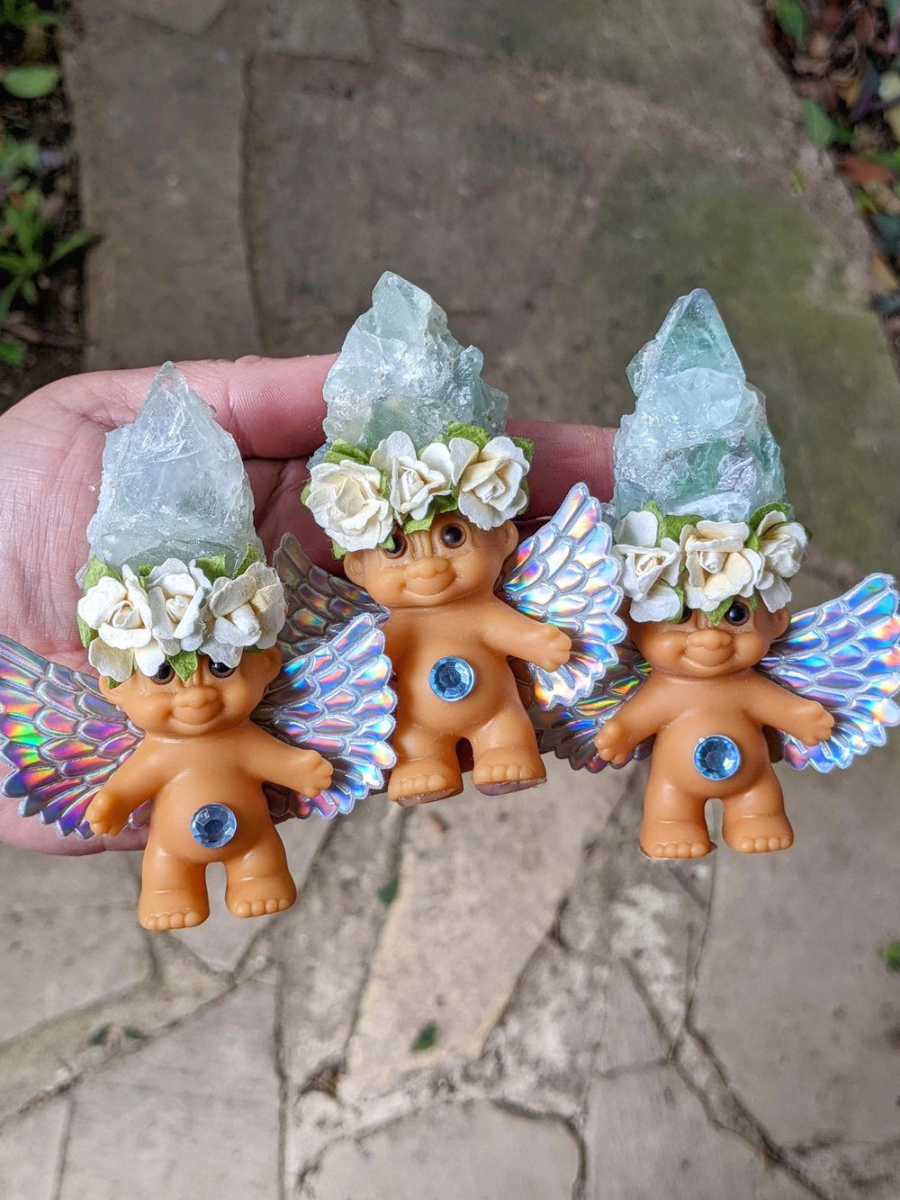 MADE TO ORDER: Green Fluorite Troll Shorty with Cream Flower Crown & Holographic Wings