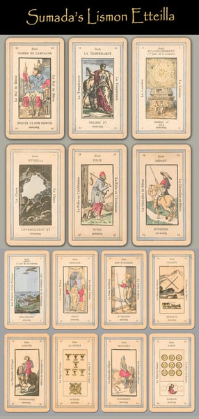 Image of Three Etteilla tarot decks from the mid-19th Century. 