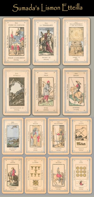 Image of Three Etteilla tarot decks from the mid-19th Century.