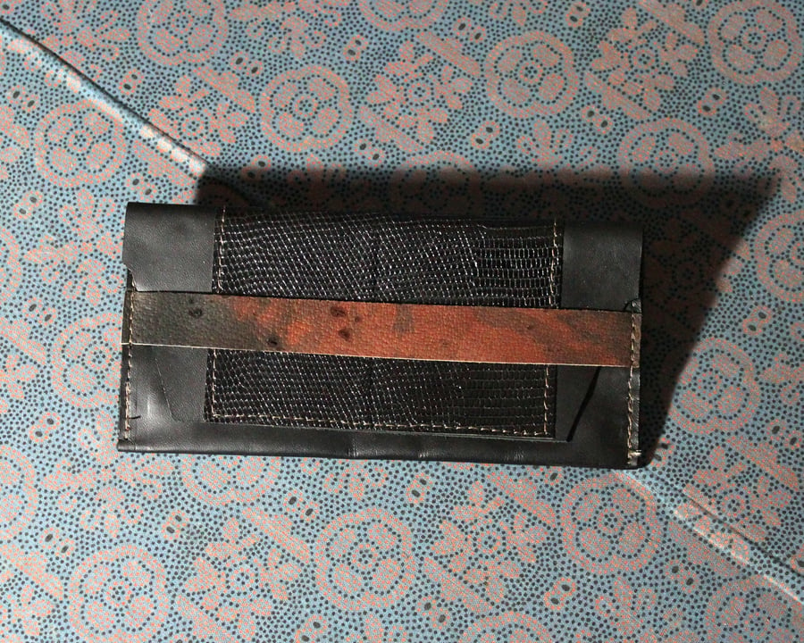 Image of Black Leather Wallet with Lizard Detail