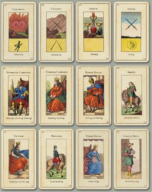 Image of Three Etteilla tarot decks from the mid-19th Century. 