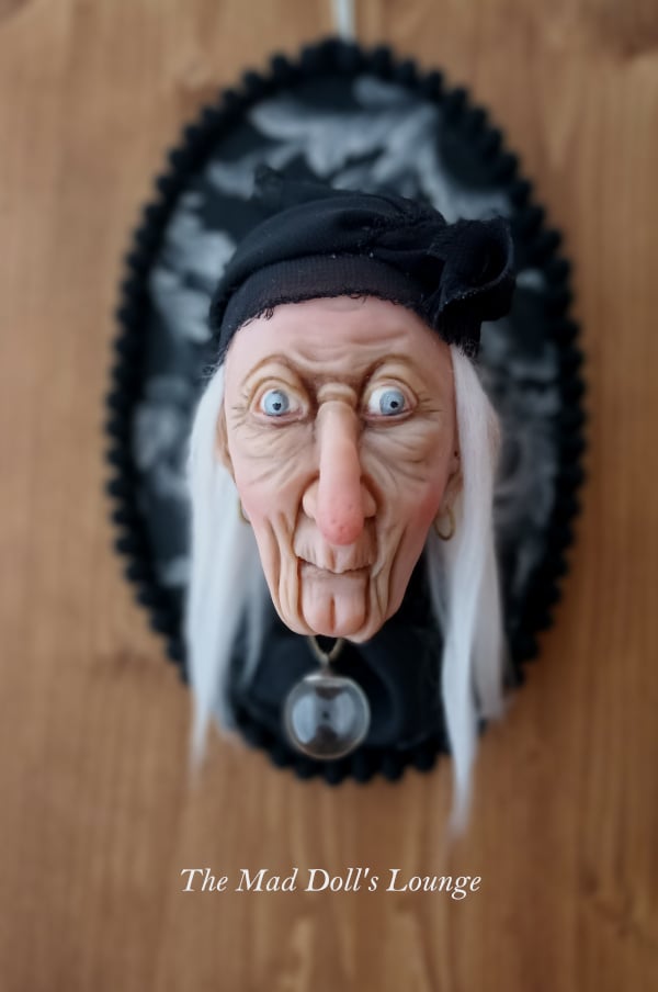 Image of Witch head Ornament OOAK - Baba Yaga Polymer clay OOAK ornament ready to be hung on your wall 