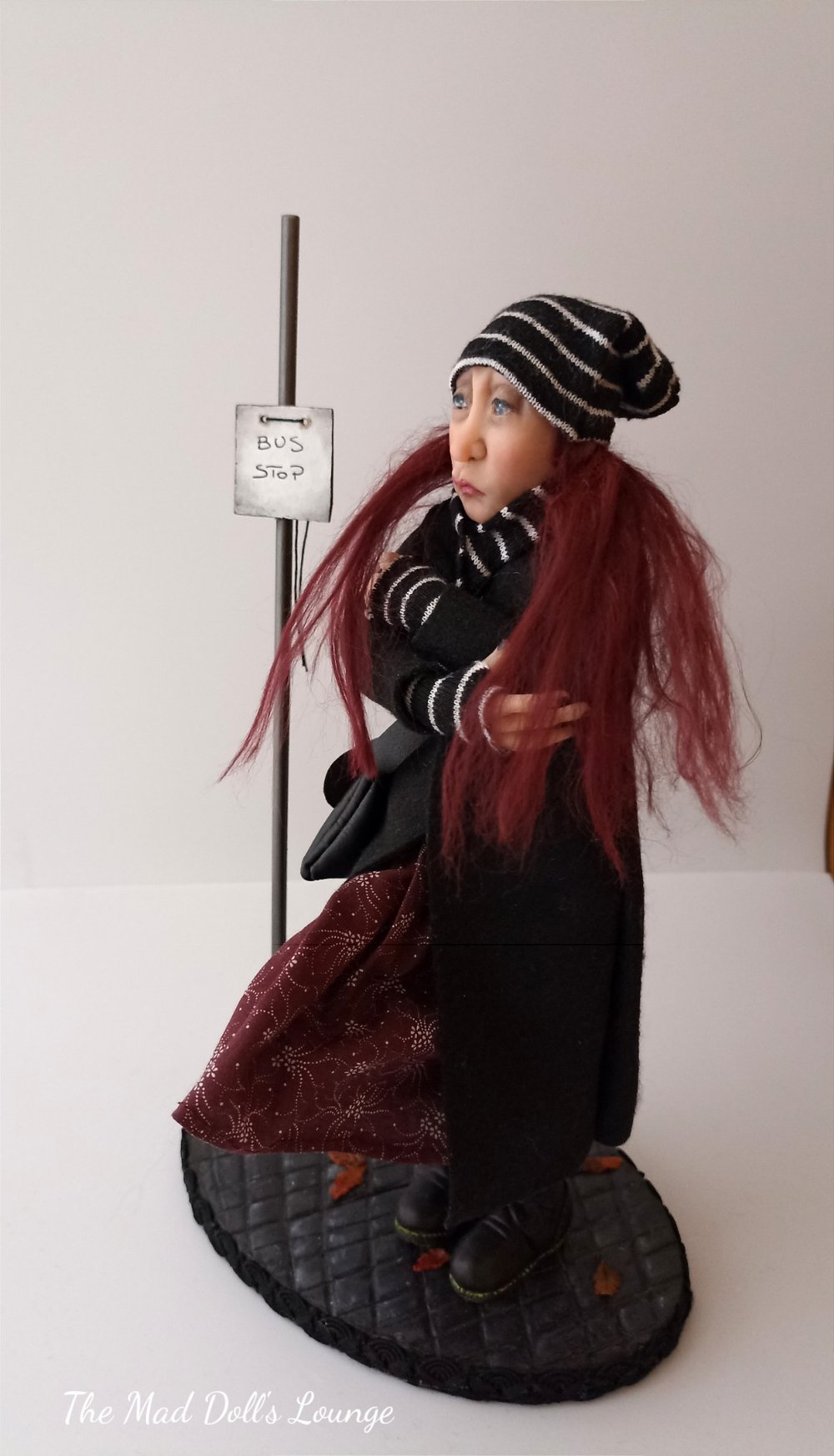 Image of Art Doll OOAK "At the Bus Stop" Winter landscape - Handmade art doll on wooden base 