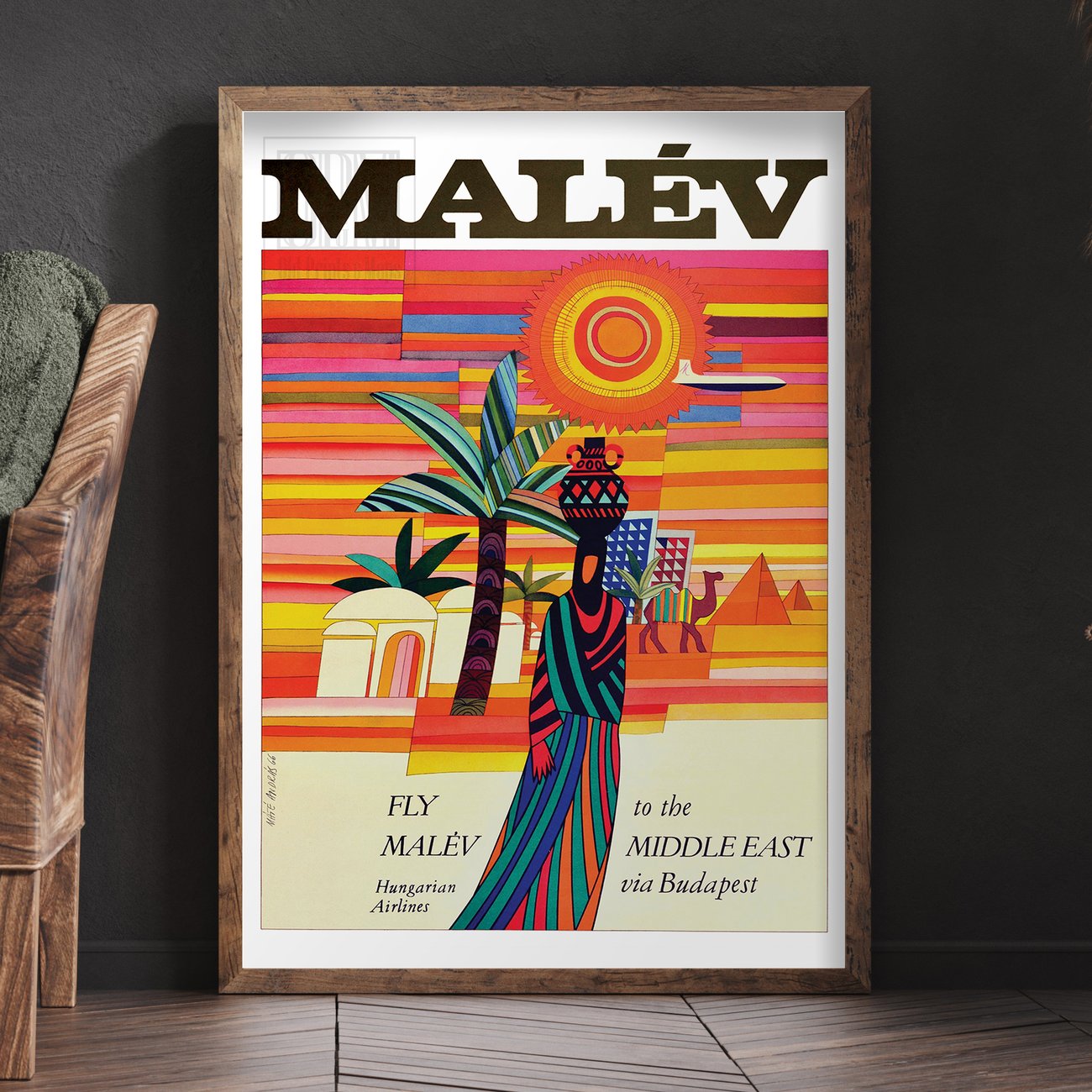 Vintage Malév poster by Máté András with desert landscape and stylised Middle East motif