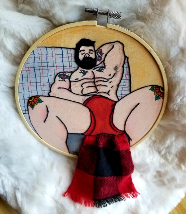 Image of "Mountain Man Self Care" 3-D Erotic Embroidery Art 