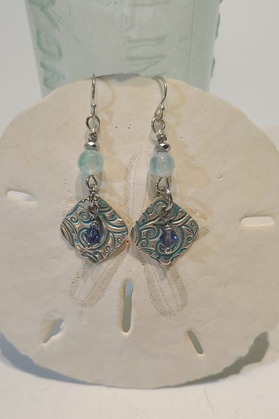 Image of Handmade Sterling Silver Dangle Earrings- Tanzanite Crystal and Agate Bead-Gift Boxed- EB-433