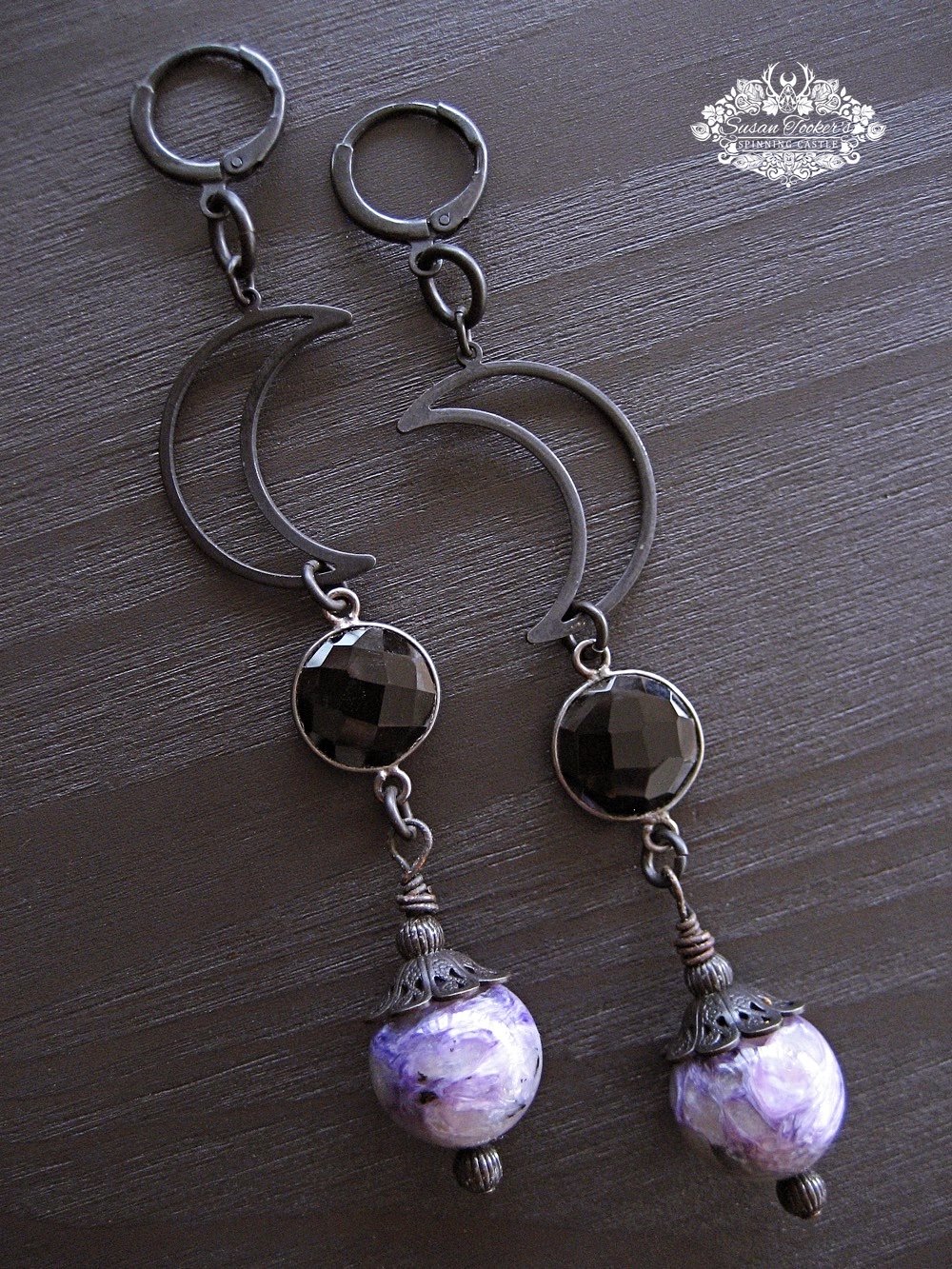 Image of MOONSHADOW - Crescent Moon Charoite Black Tourmaline Crystal Drop Earrings Celestial Boho Witchy 