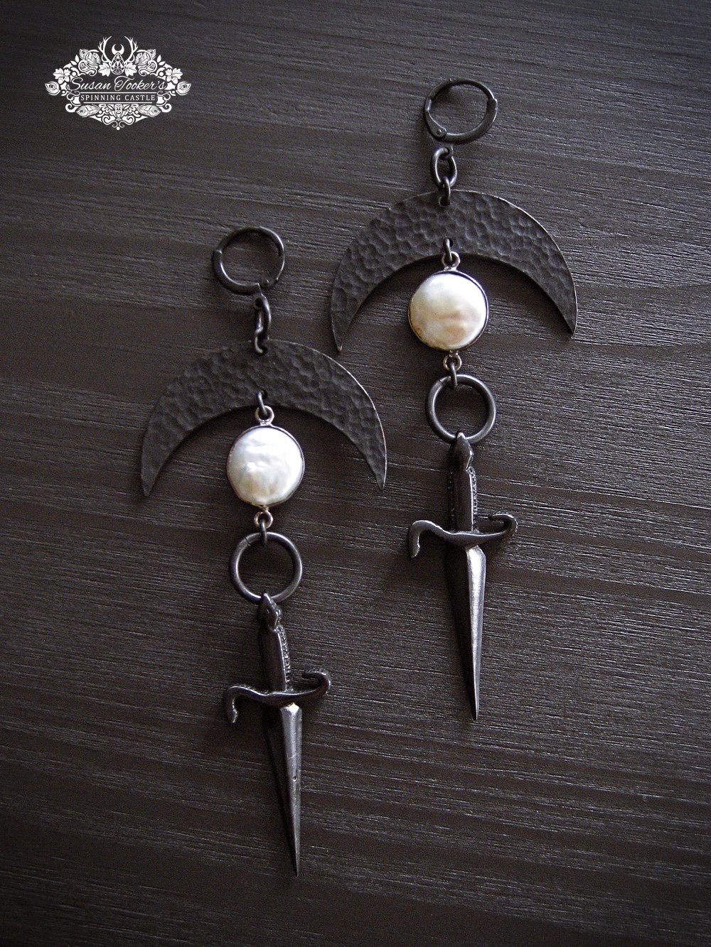 Image of ATHAME - Crescent Moon Sword Dagger Freshwater Pearl Drop Earrings Boho Witch Dark Dangle