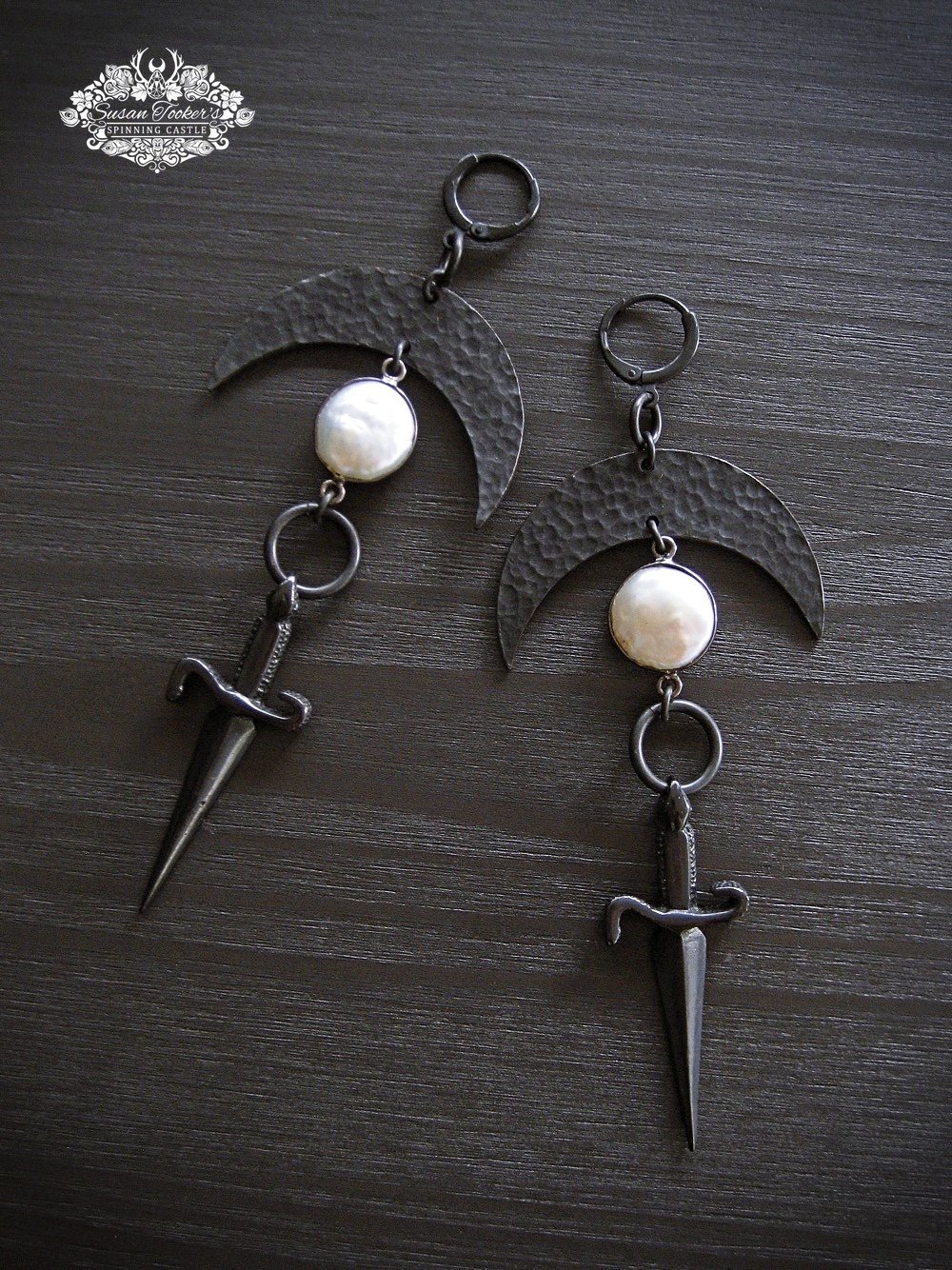 Image of ATHAME - Crescent Moon Sword Dagger Freshwater Pearl Drop Earrings Boho Witch Dark Dangle