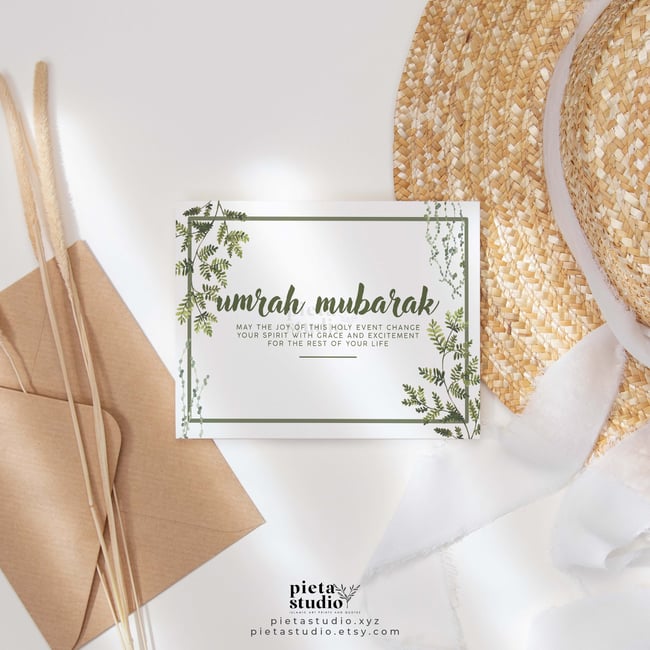 Umrah Mubarak Card, Islamic Greeting Cards with Greenery Botanical Illustration