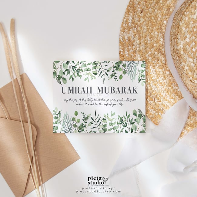 Umrah Mubarak Card, Islamic Greeting Cards with Envelope, Botanical Greenery Illustration