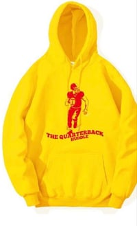 The Quarterback Huddle Hoodie in Yellow and Red logo 