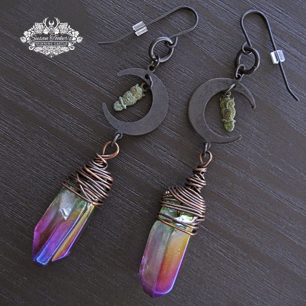 Image of NIGHT VISITOR - Crescent Moon Phase Rainbow Aura Quartz Crystal Drop Earrings Boho Witch Owl Dangles
