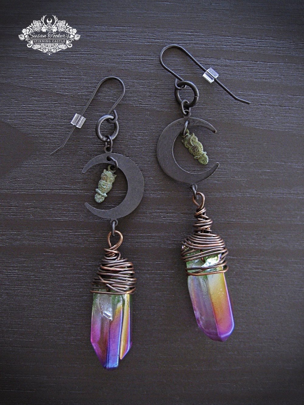 Image of NIGHT VISITOR - Crescent Moon Phase Rainbow Aura Quartz Crystal Drop Earrings Boho Witch Owl Dangles
