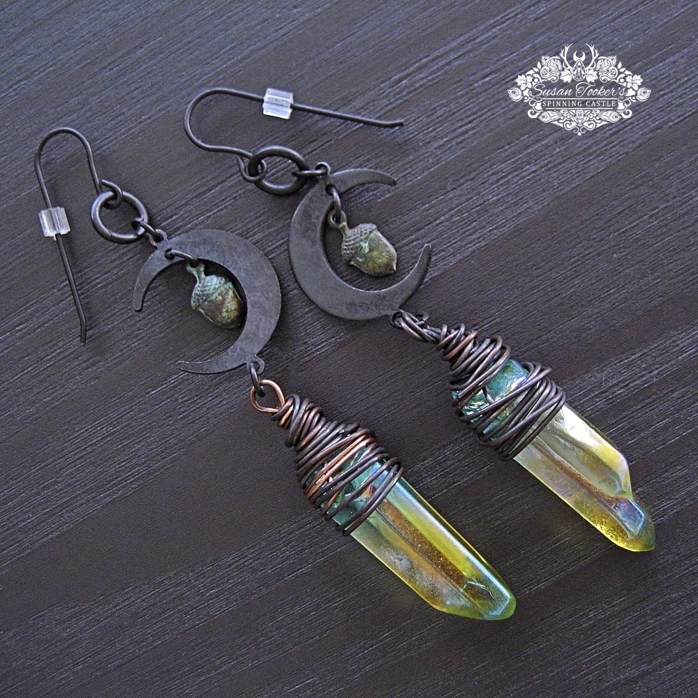Image of MOONLIGHT WISDOM - Crescent Moon Phase Rainbow Aura Quartz Crystal Drop Earrings Boho Witch Dangles