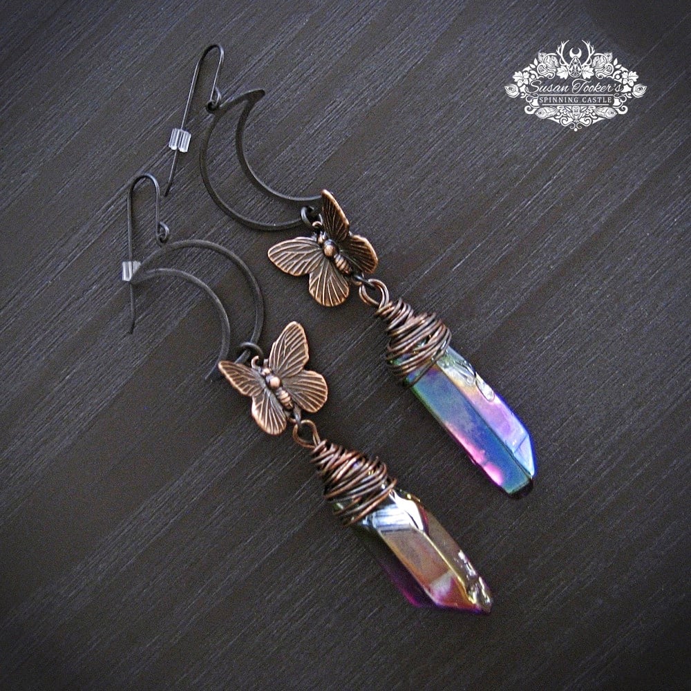 Image of DREAMLAND - Crescent Moon Rainbow Aura Quartz Crystal Drop Earrings Boho Witch Butterfly Dangles