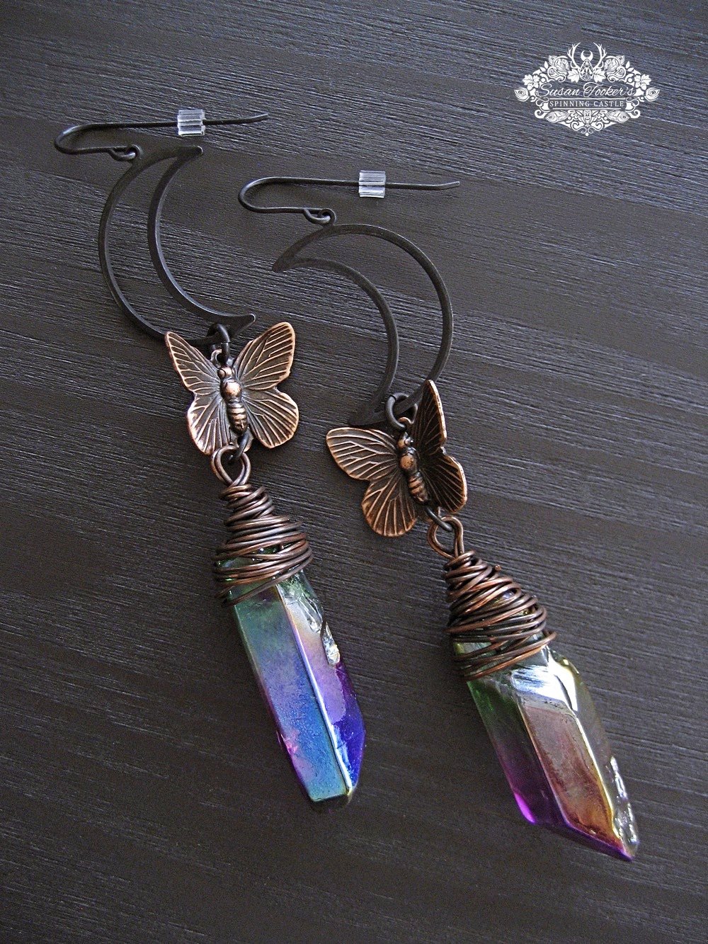 Image of DREAMLAND - Crescent Moon Rainbow Aura Quartz Crystal Drop Earrings Boho Witch Butterfly Dangles