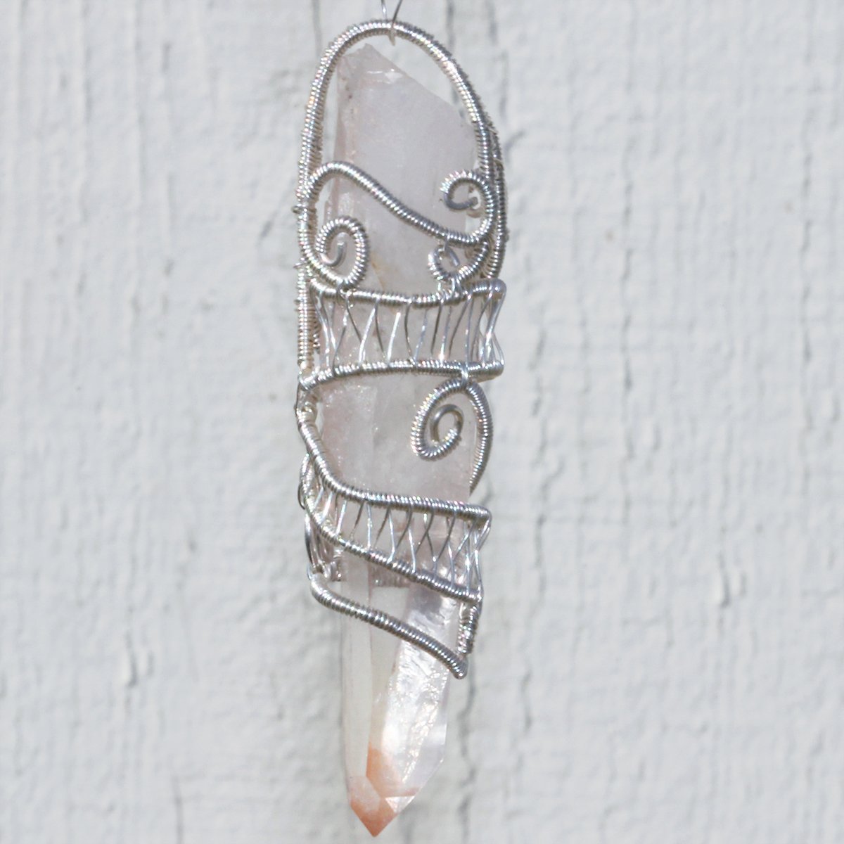 Pink Lemurian Quartz Crystal Woven Wire Wrap Pendant