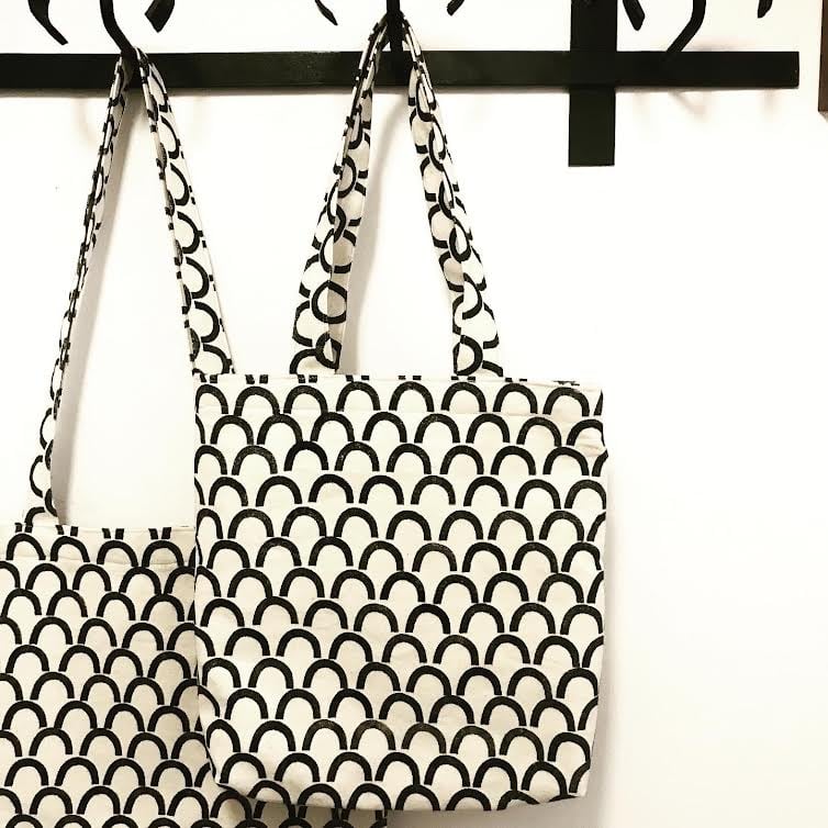 Image of Handprinted Tote and Tote Mini (Black and White semicircle). Collection 2. (Sold separately).