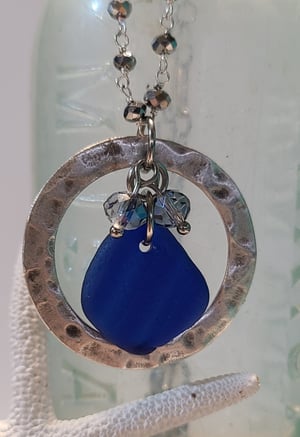 Image of Genuine Cobalt Sea Glass Necklace with Crystals - Handmade - Adjustable - Gift Boxed-EB-436