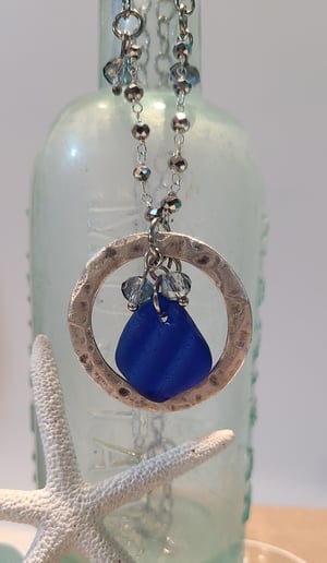 Image of Genuine Cobalt Sea Glass Necklace with Crystals - Handmade - Adjustable - Gift Boxed-EB-436