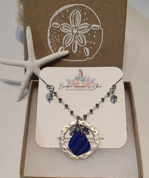 Image of Genuine Cobalt Sea Glass Necklace with Crystals - Handmade - Adjustable - Gift Boxed-EB-436