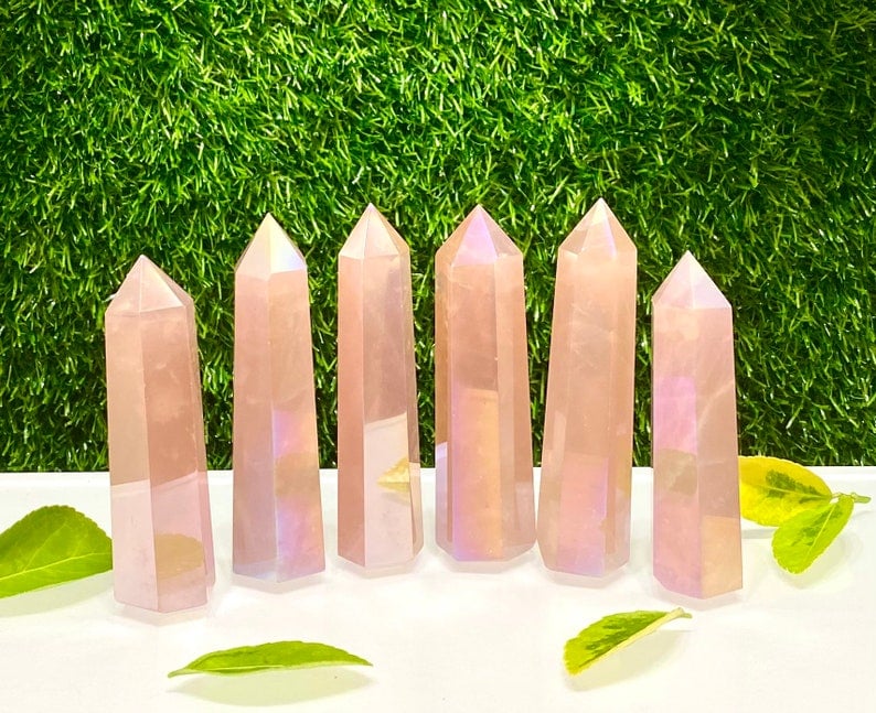 ANGEL AURA ROSE QUARTZ TOWER POINT WAND 2"