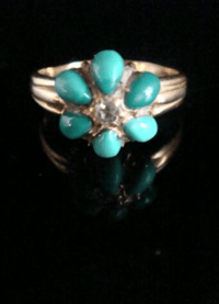 Image 1 of EDWARDIAN 18CT YELLOW GOLD TURQUOISE OLD CUT DIAMOND CLUSTER RING