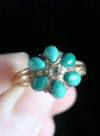 EDWARDIAN 18CT YELLOW GOLD TURQUOISE OLD CUT DIAMOND CLUSTER RING