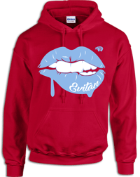 Image 1 of Blue Lippy on red hoodie