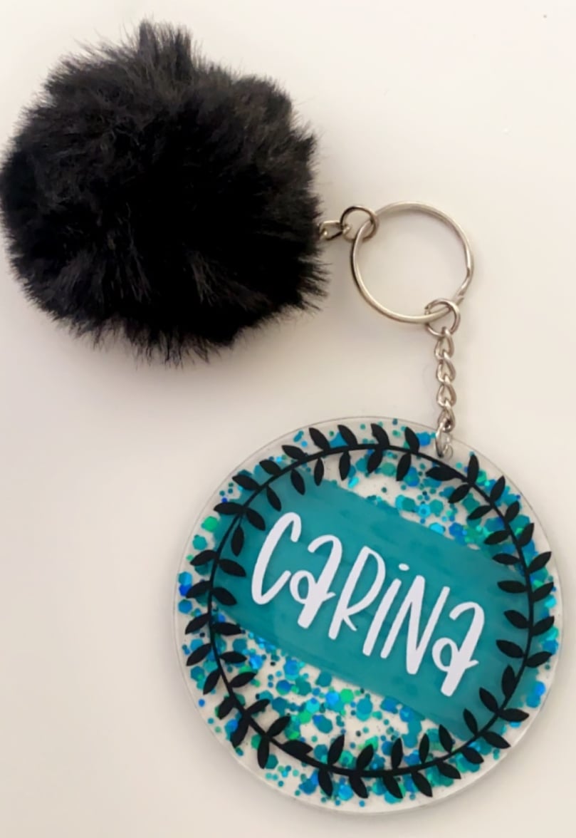 Image of Leaf Circle/Teal bag tag with black pom pom 