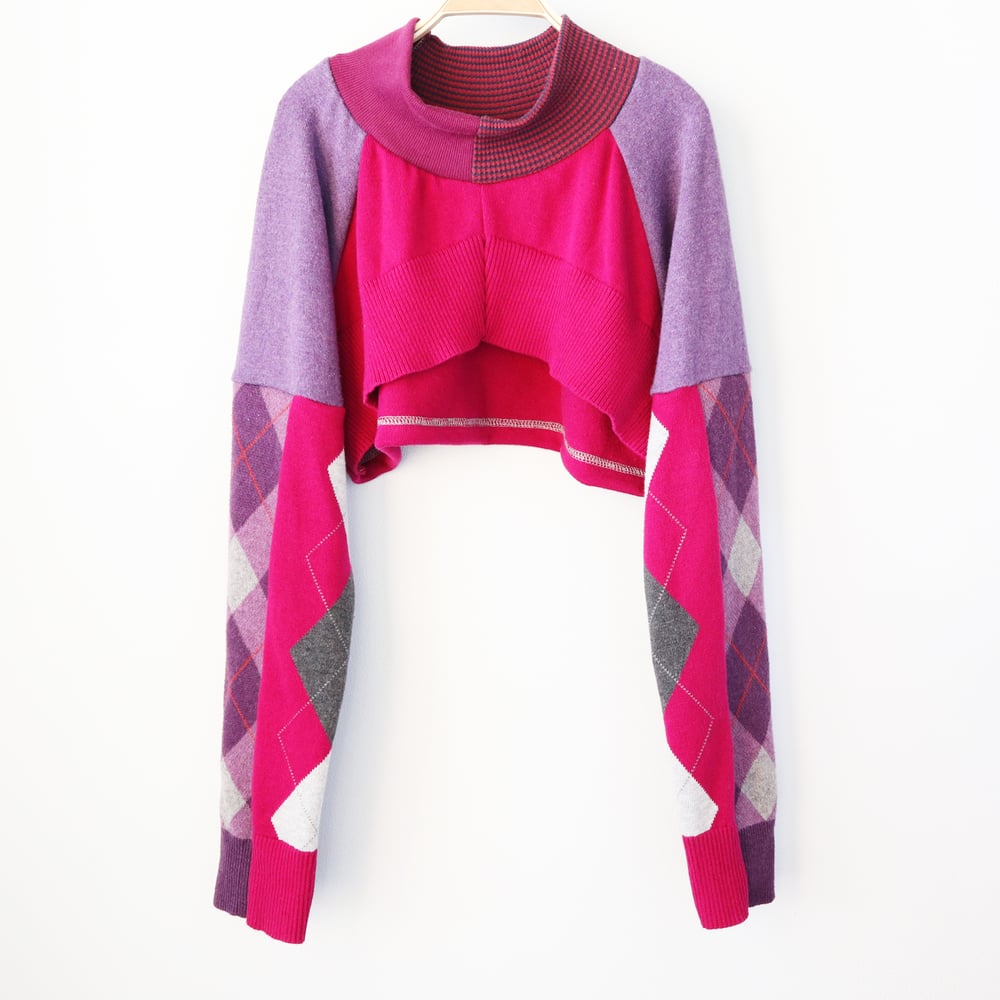 Image of argyle purple fuschia shrug courtneycourtney adult medium m/l large sweater warm sleeves