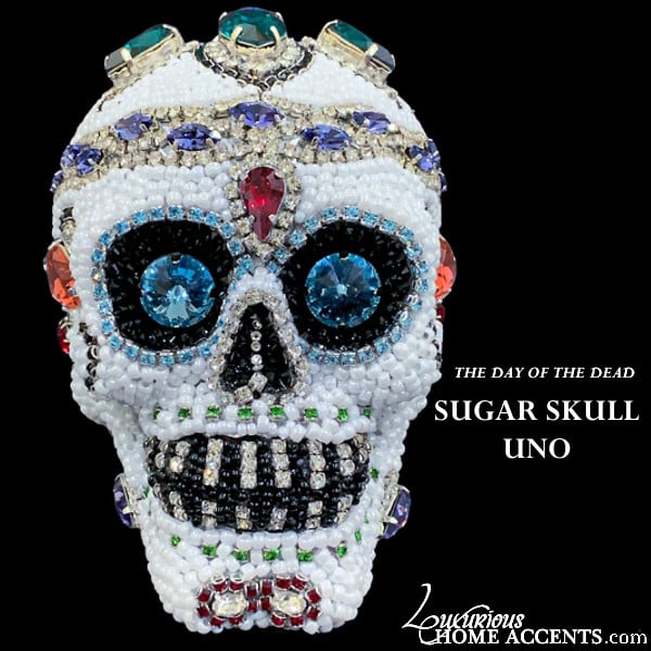 Image of Day of the Dead Jeweled Sugar Skull Sculpture Dos