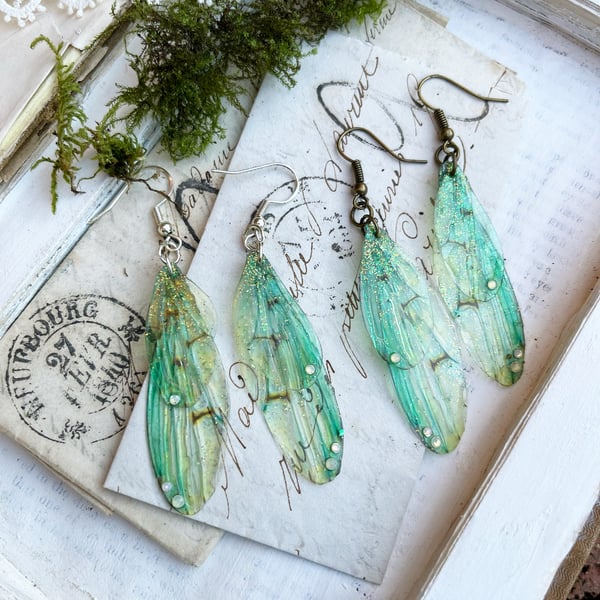 Image of Ethereal green faerie wing earrings