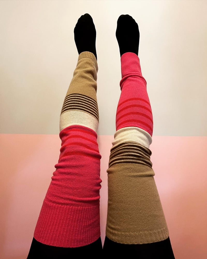 Image of pink brown stripe courtneycourtney adult warm wool winter patchwork sweater thick legwarmers thigh 