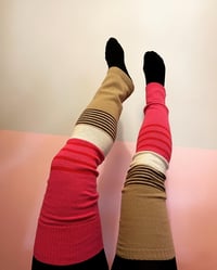 Image 5 of pink brown stripe courtneycourtney adult warm wool winter patchwork sweater thick legwarmers thigh 