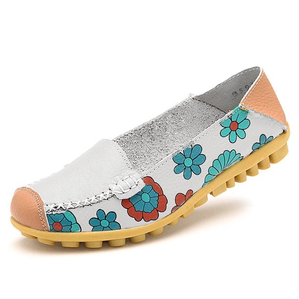 Image of Women's Comfortable Leather Floral Print Flats Casual Driving Shoes 