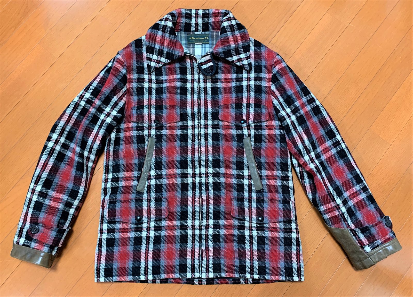 Warehouse Japan plaid wool hunting jacket with leather accents