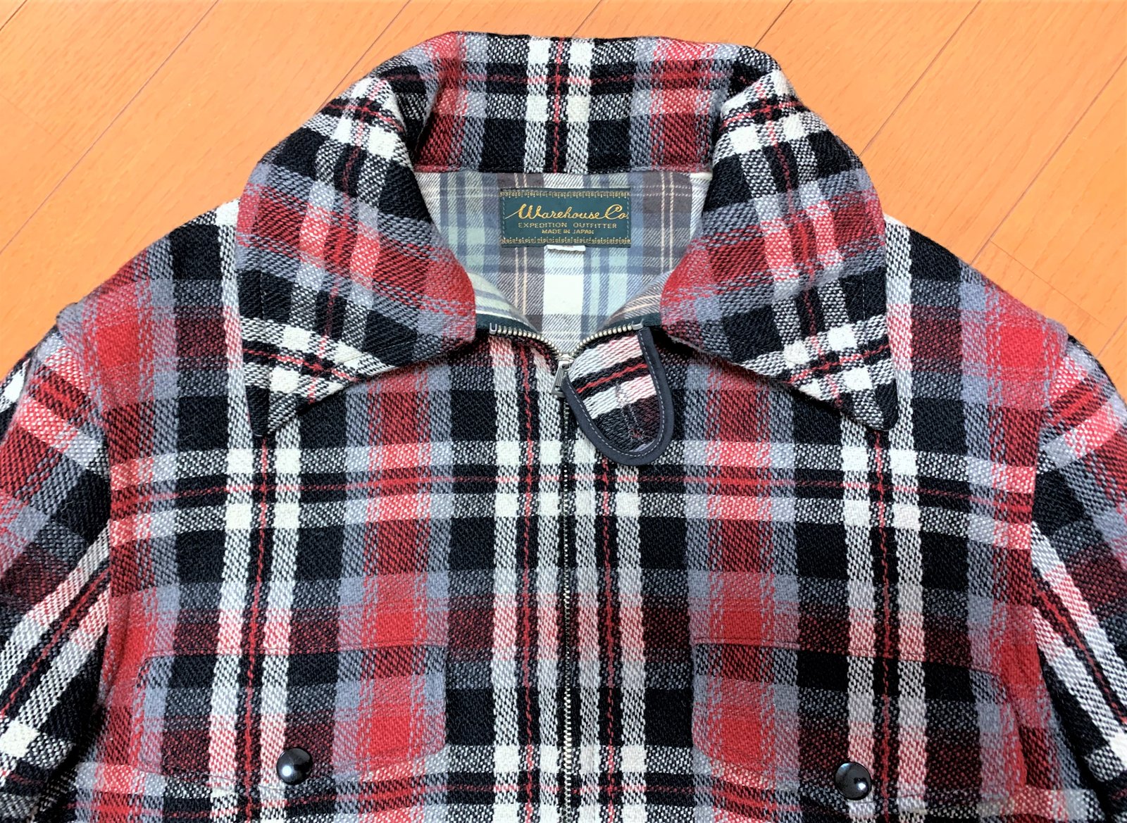 Warehouse Japan plaid wool hunting jacket with leather accents, size 40 (M)