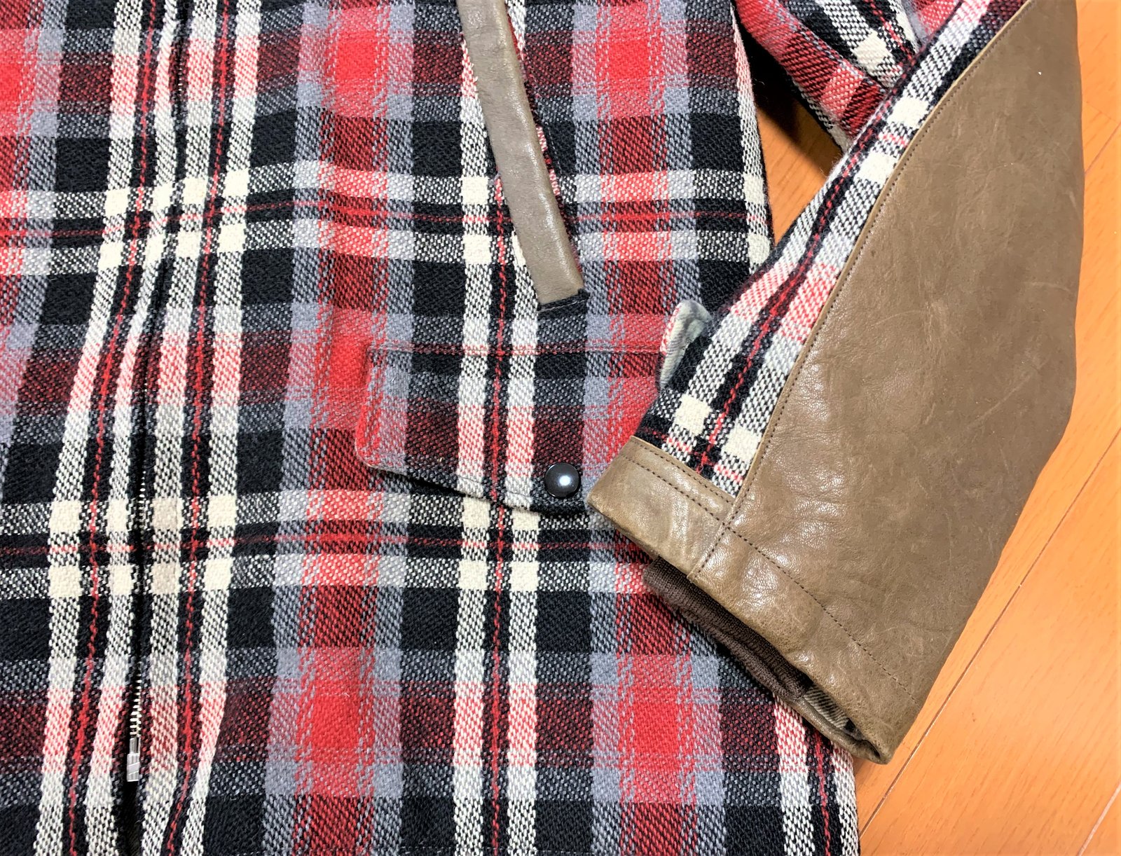 Warehouse Japan plaid wool hunting jacket with leather accents
