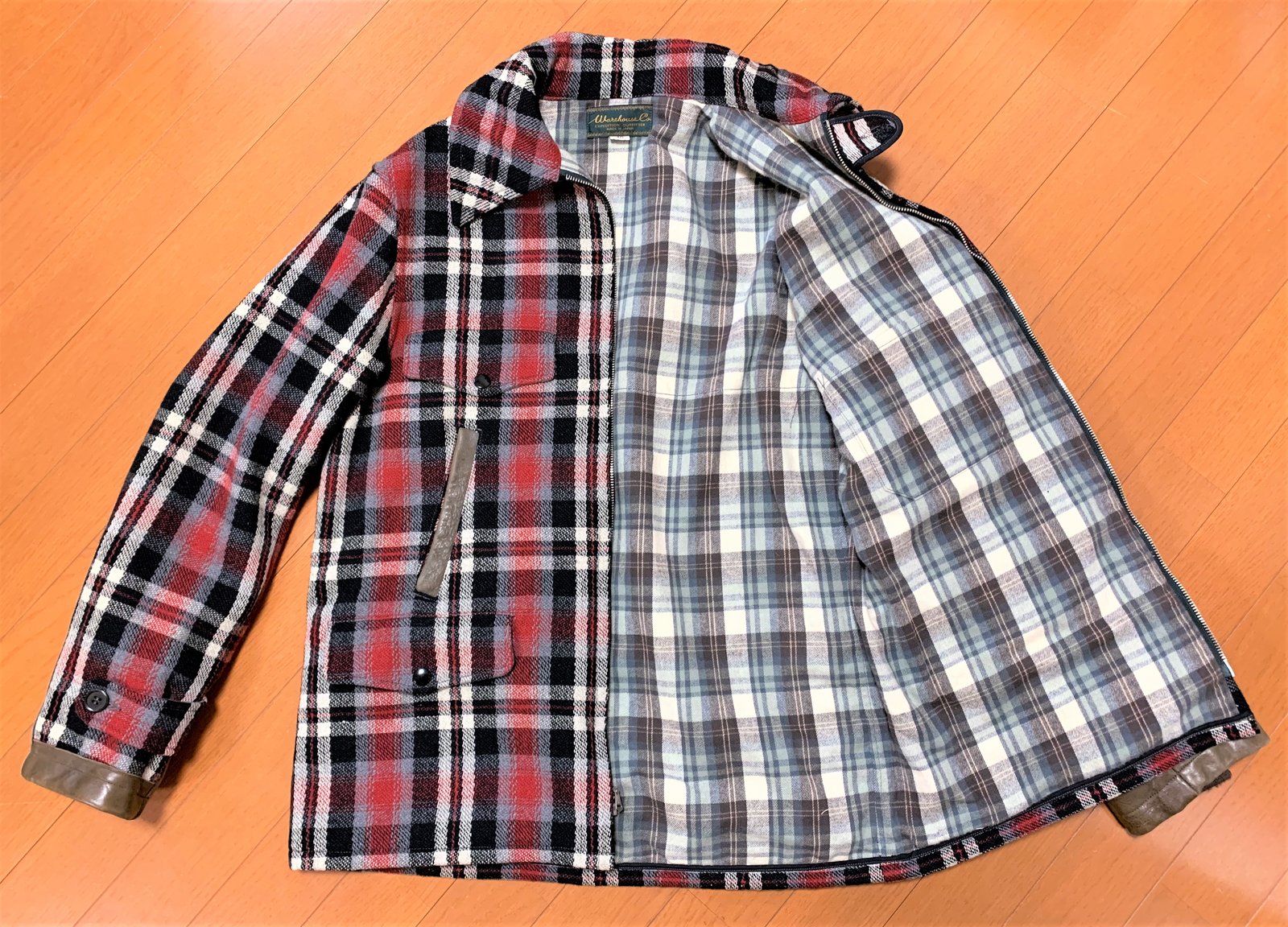 Warehouse Japan plaid wool hunting jacket with leather accents