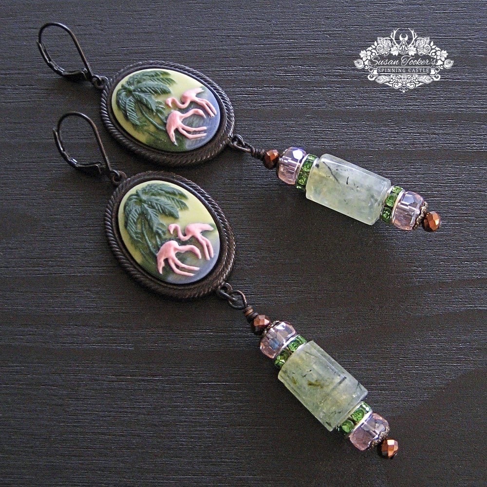 Image of TROPIC ADVENTURE - Pink Flamingo Palm Tree Prehnite Crystal Drop Earrings Victorian Vintage Style